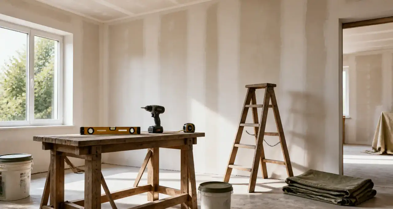 Chantier de rénovation intérieure avec mur en plâtre fraîchement enduit, escabeau et outillage rangé sur un établi