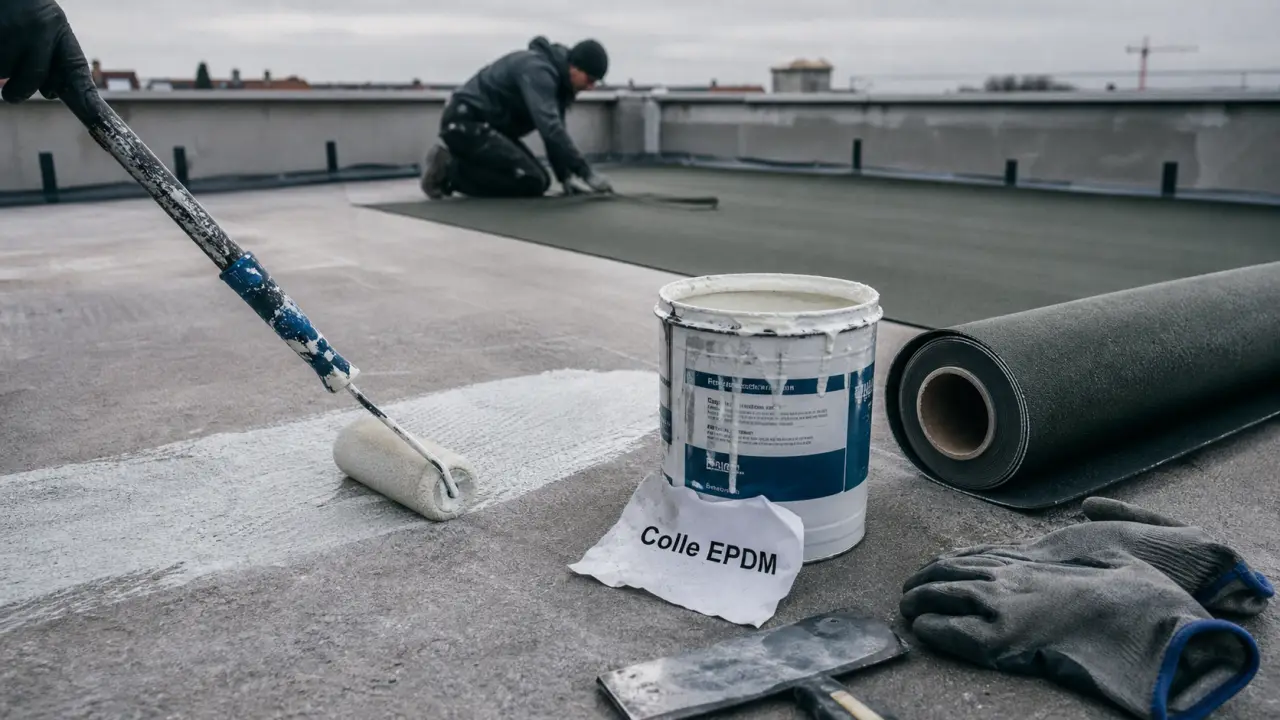 Application de colle epdm sur toiture plate, rouleau et marouflage EPDM