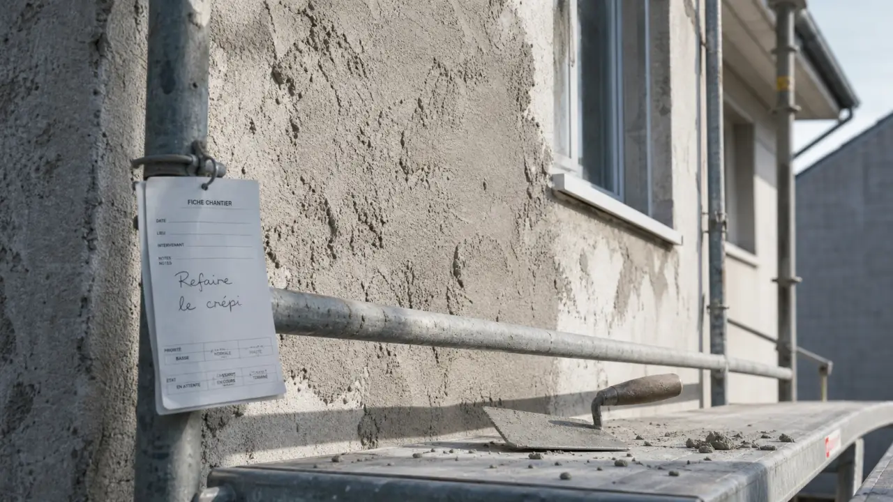 Crepie : crépi sur façade en béton, truelle et échafaudage
