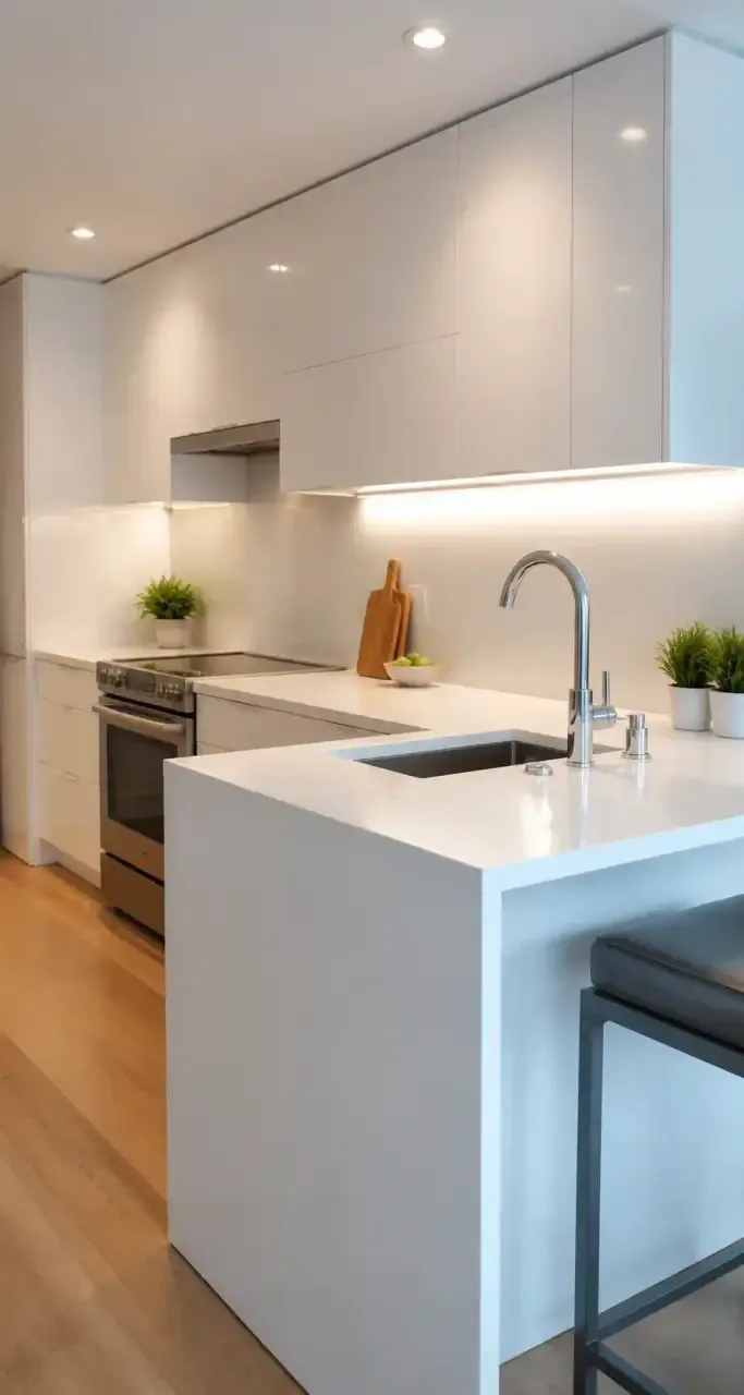 Cuisine rénovée moderne avec placards et plan de travail en quartz