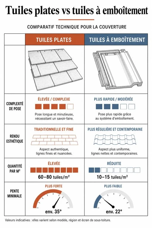 Comparatif technique entre tuile plate et tuile à emboîtement pour le calcul du prix au m2