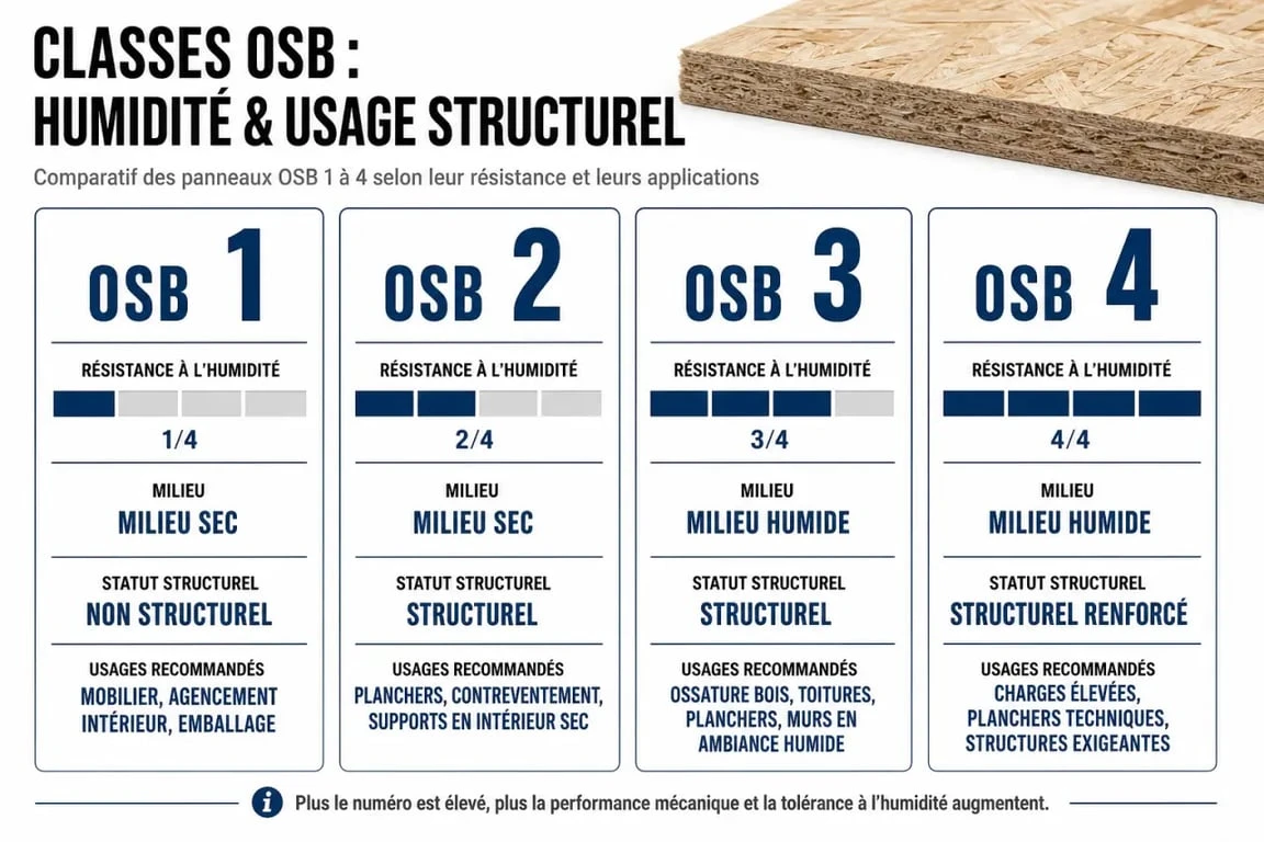 Tableau comparatif des classes d'OSB 1, 2, 3 et 4 pour choisir le panneau adapté à votre projet