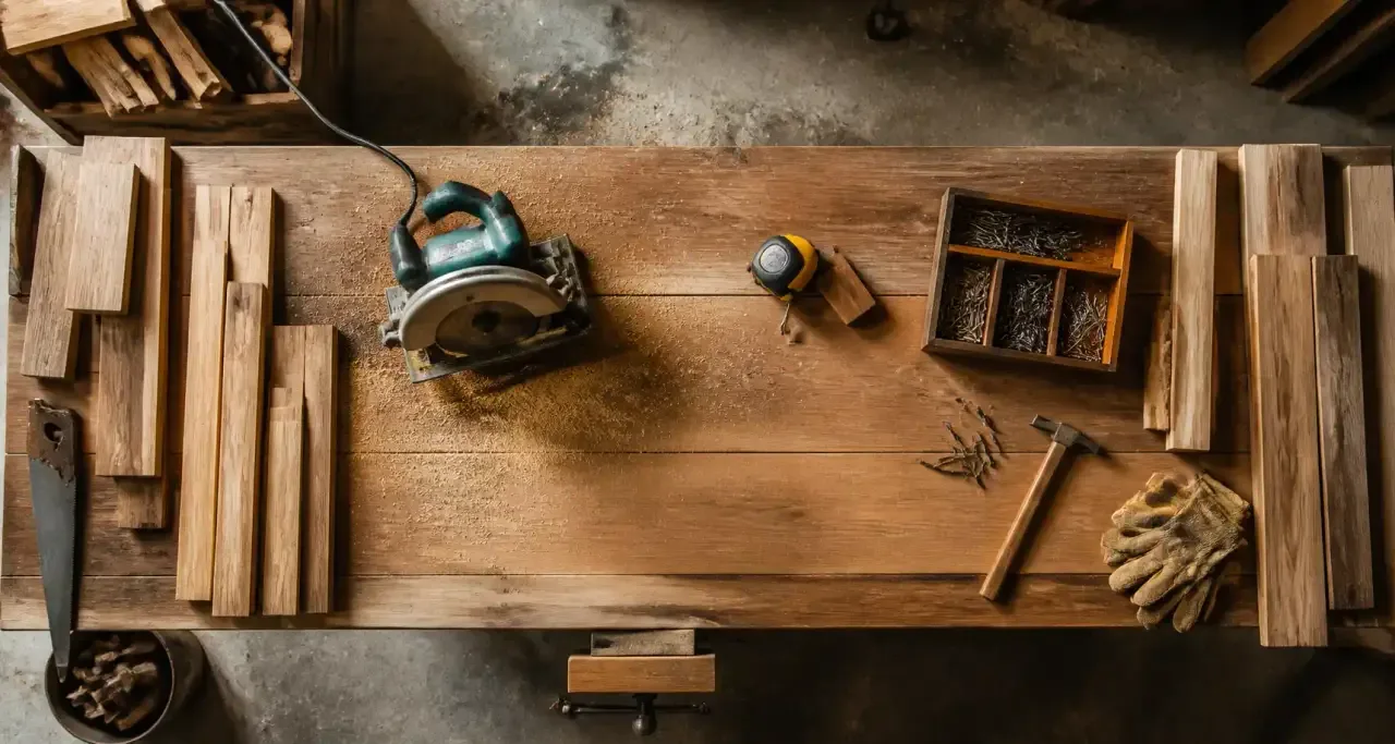 Établi d'atelier équipé d'une scie circulaire et d'outillage bois