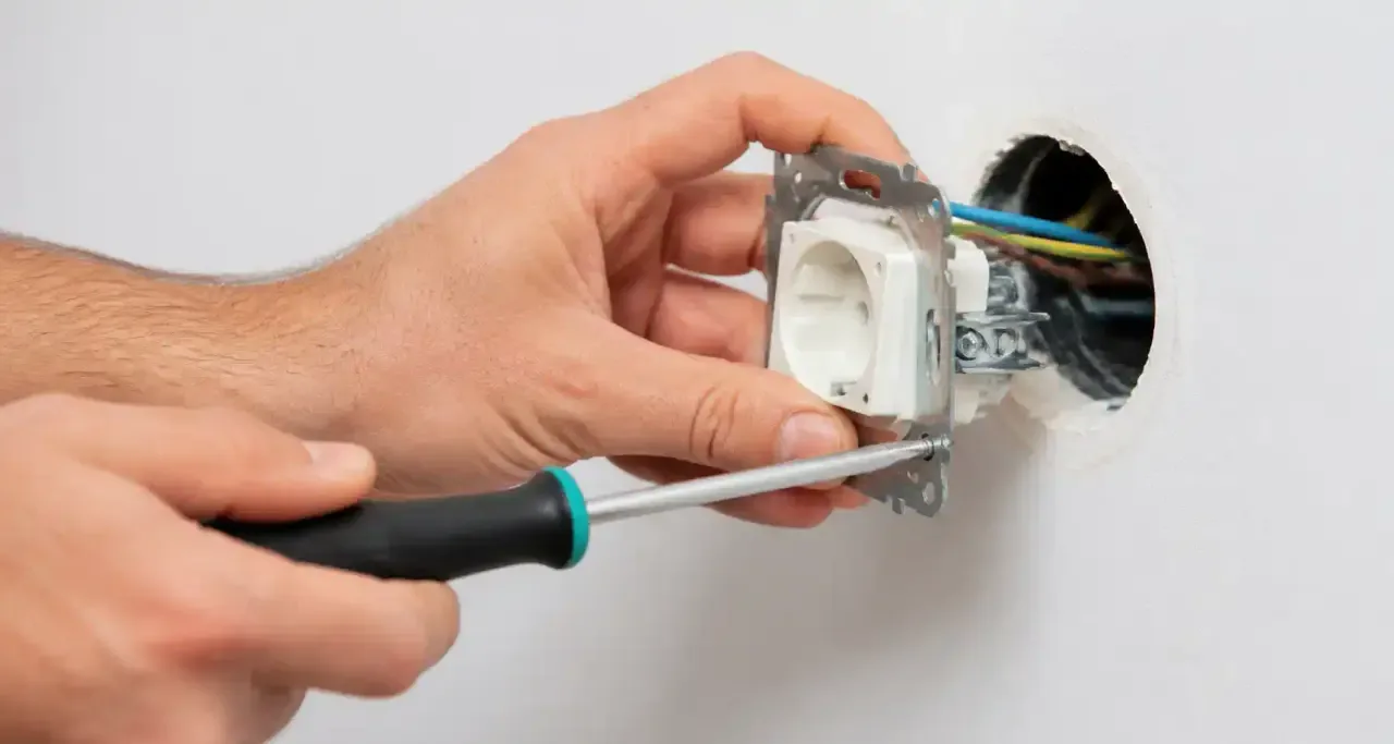 Installation d'une prise électrique sur un mur en cours de rénovation
