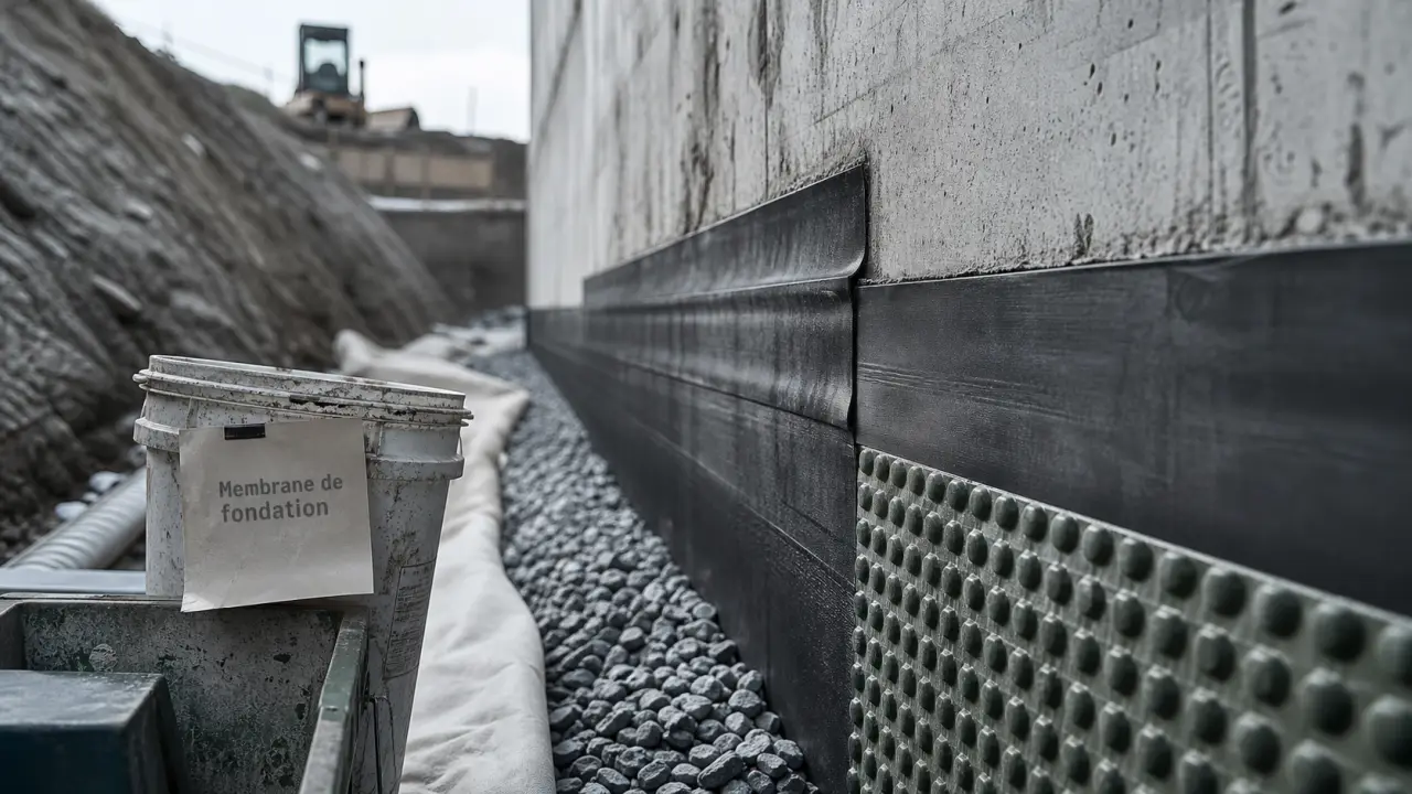 Membrane de fondation avec étanchéité et drainage, sur mur enterré
