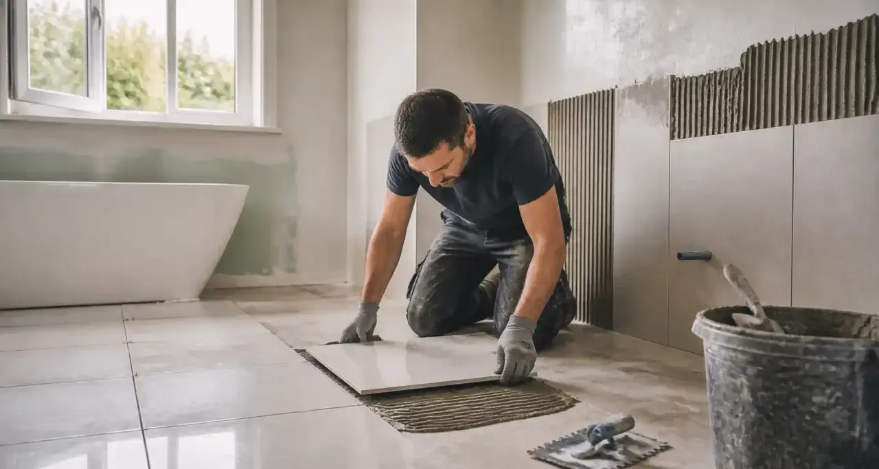 Artisan posant du carrelage dans une salle de bain en rénovation