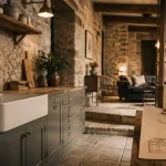Cuisine dans maison ancienne : plans bois, pierre et crédence ciment
