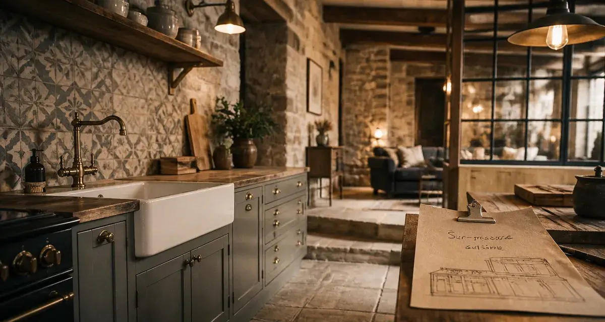 Cuisine dans maison ancienne : plans bois, pierre et crédence ciment