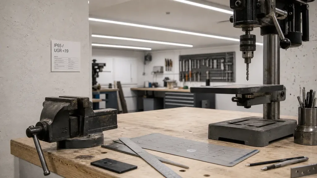 Éclairage LED puissant pour atelier : 500 lx, IP65 et UGR < 19