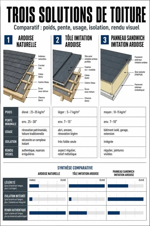 Bac acier imitation ardoise : comparaison visuelle entre ardoise naturelle, tôle imitation ardoise et panneau sandwich