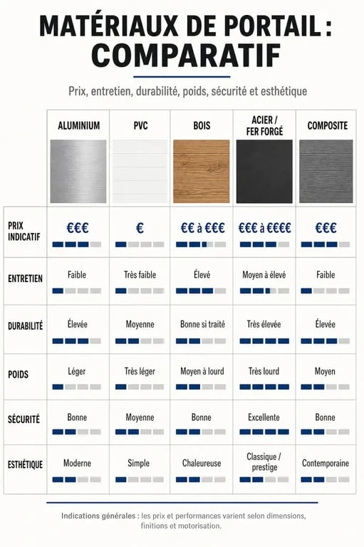 Comparatif des différents matériaux portail avec prix, entretien et résistance