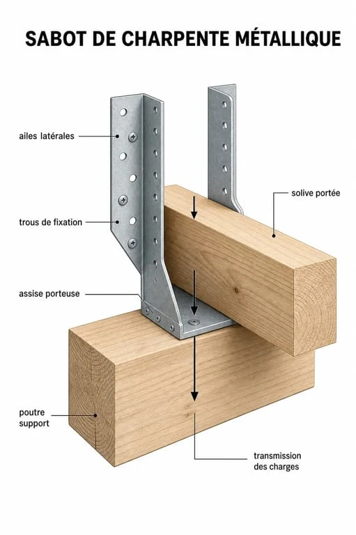Sabot charpente illustré avec une solive, une poutre et la reprise des charges