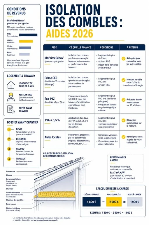 Aide pour isolation des combles en 2026 : tableau comparatif des aides, conditions et reste à charge