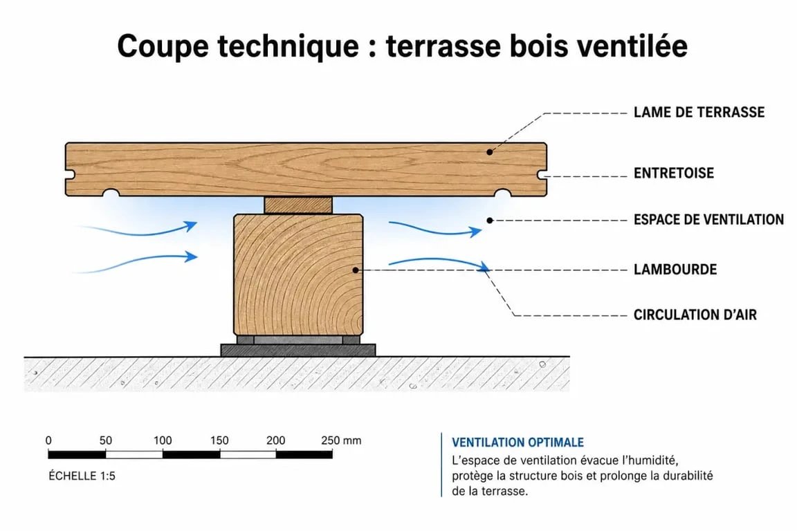 Schéma de pose d'une entretoise bois sur terrasse