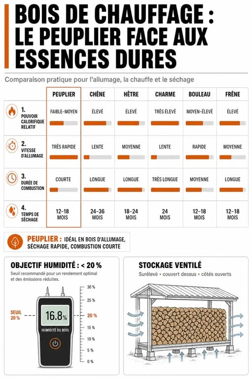 Bois de chauffage peuplier : infographie comparative avec chêne, hêtre, charme, bouleau et frêne