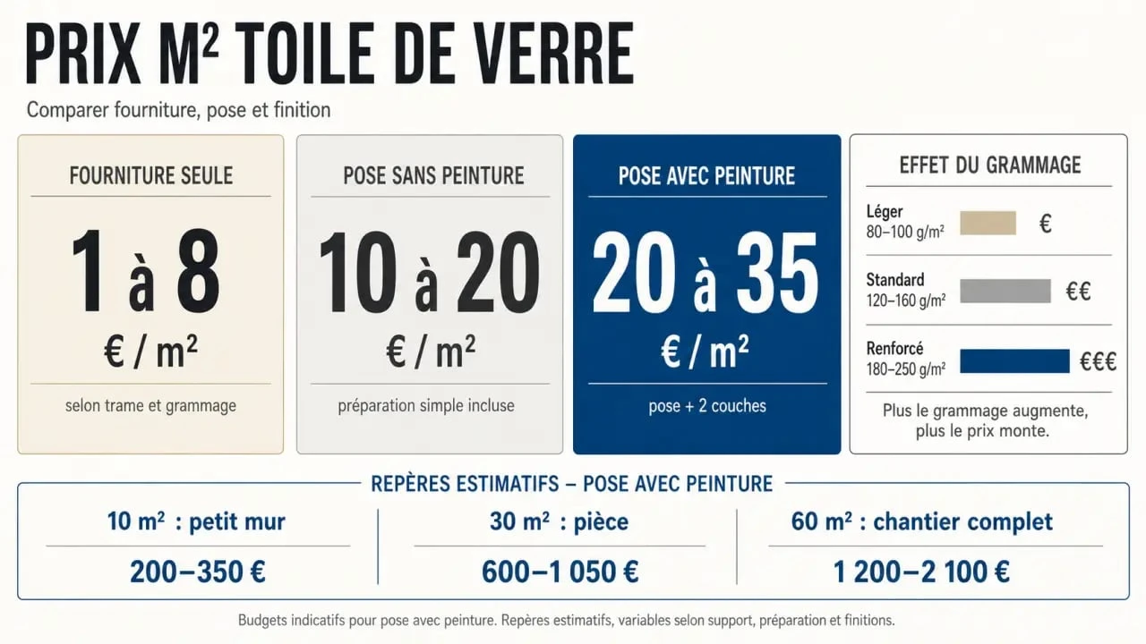 Prix m2 toile de verre : comparatif des tarifs selon la fourniture, la pose et le grammage