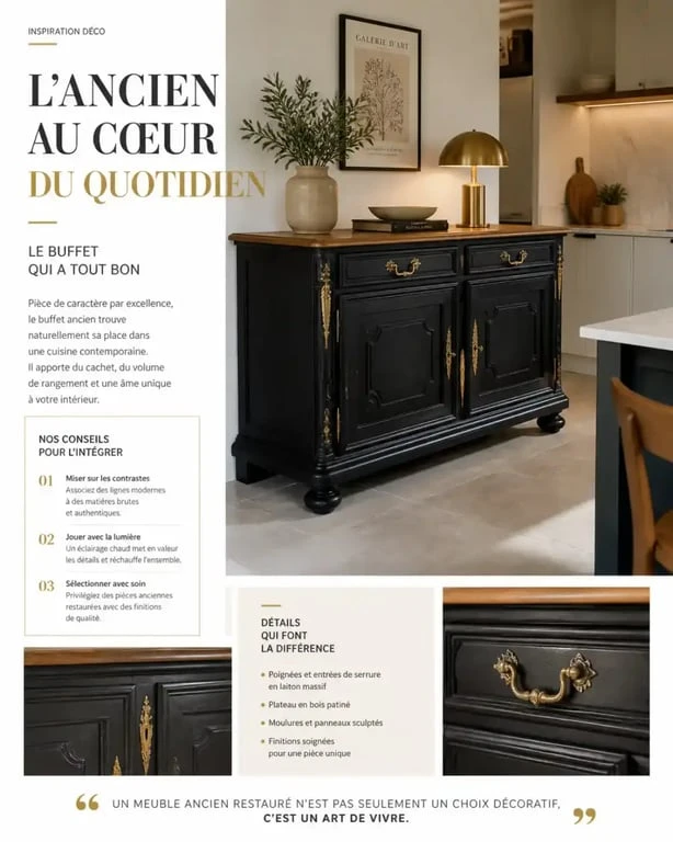Buffet ancien restauré dans une cuisine moderne pour un style unique.