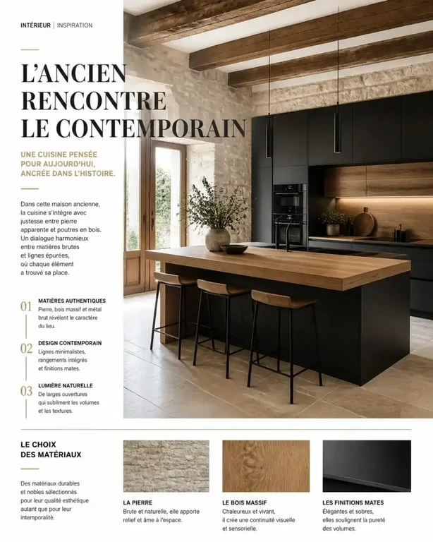 Cuisine moderne dans une maison ancienne avec pierres apparentes et poutres en bois.