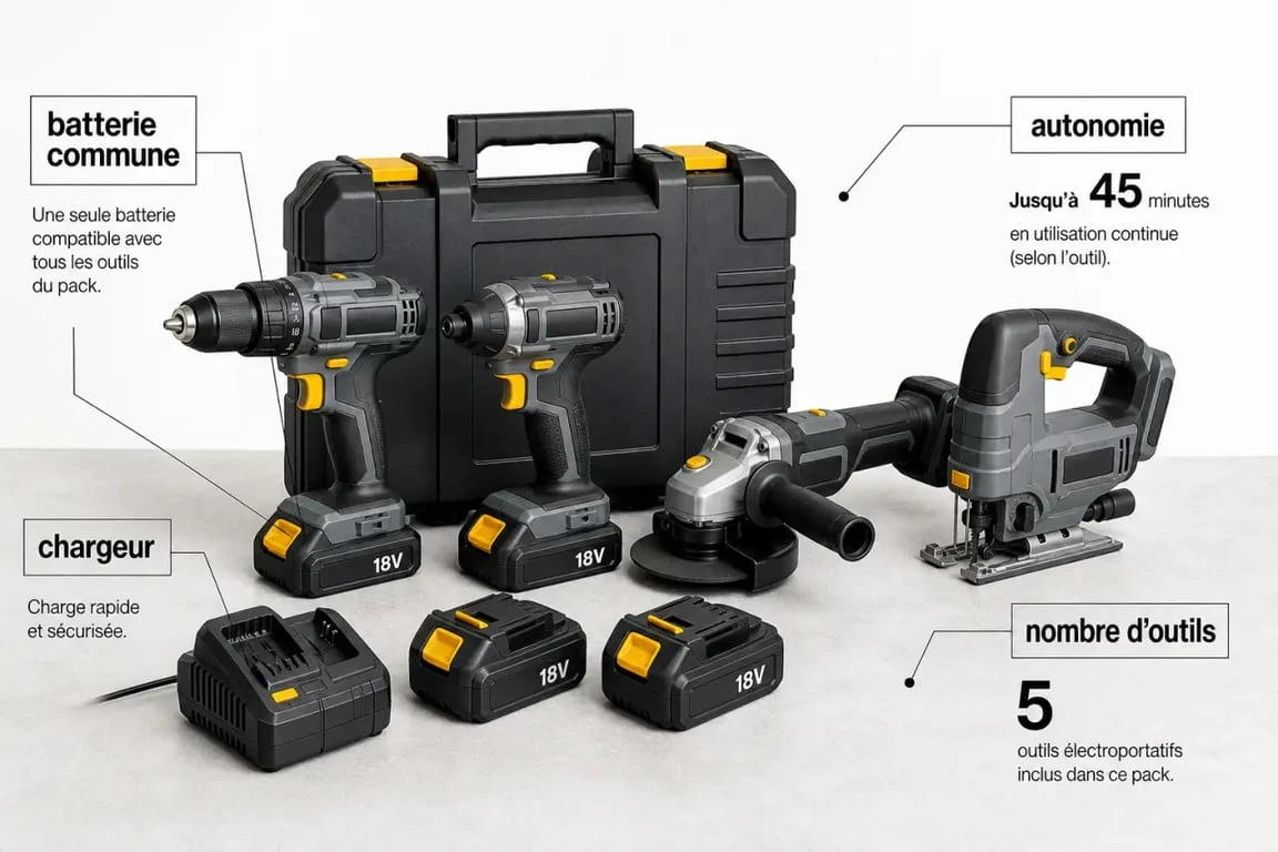 Pack électroportatif avec outils, batteries et chargeur pour comparer les configurations