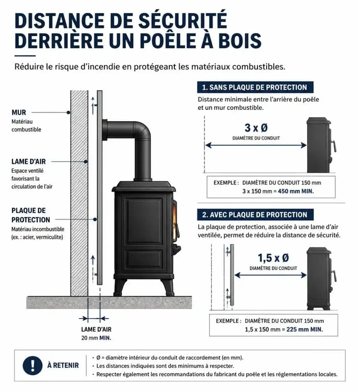 Schéma technique illustrant la distance de sécurité et le parement anti feu poêle selon la norme DTU 24.1