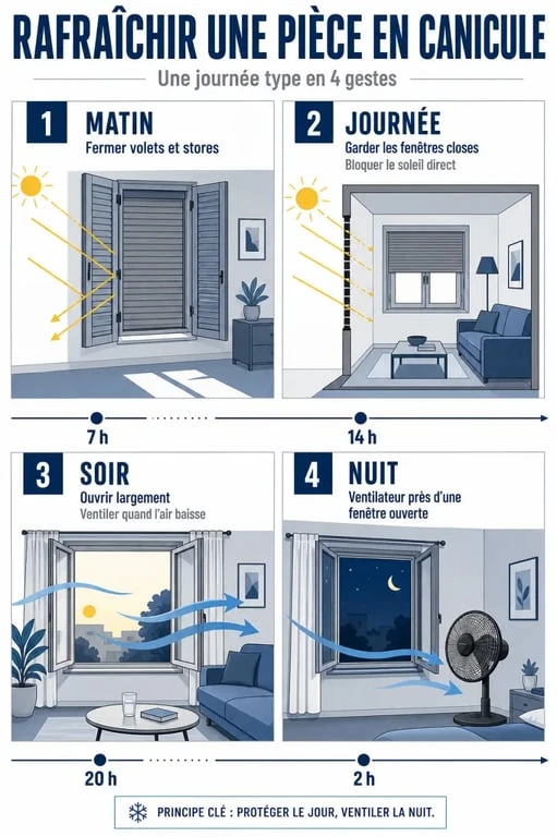 Rafraichir une piece : journée type pour fermer les volets, aérer la nuit et utiliser le ventilateur au bon moment