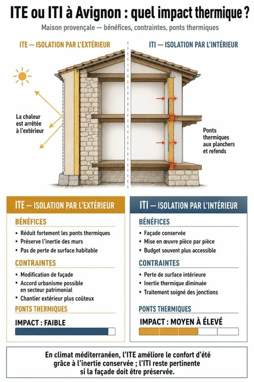 Isolation thermique avignon : comparaison entre ITE et ITI pour une maison provençale