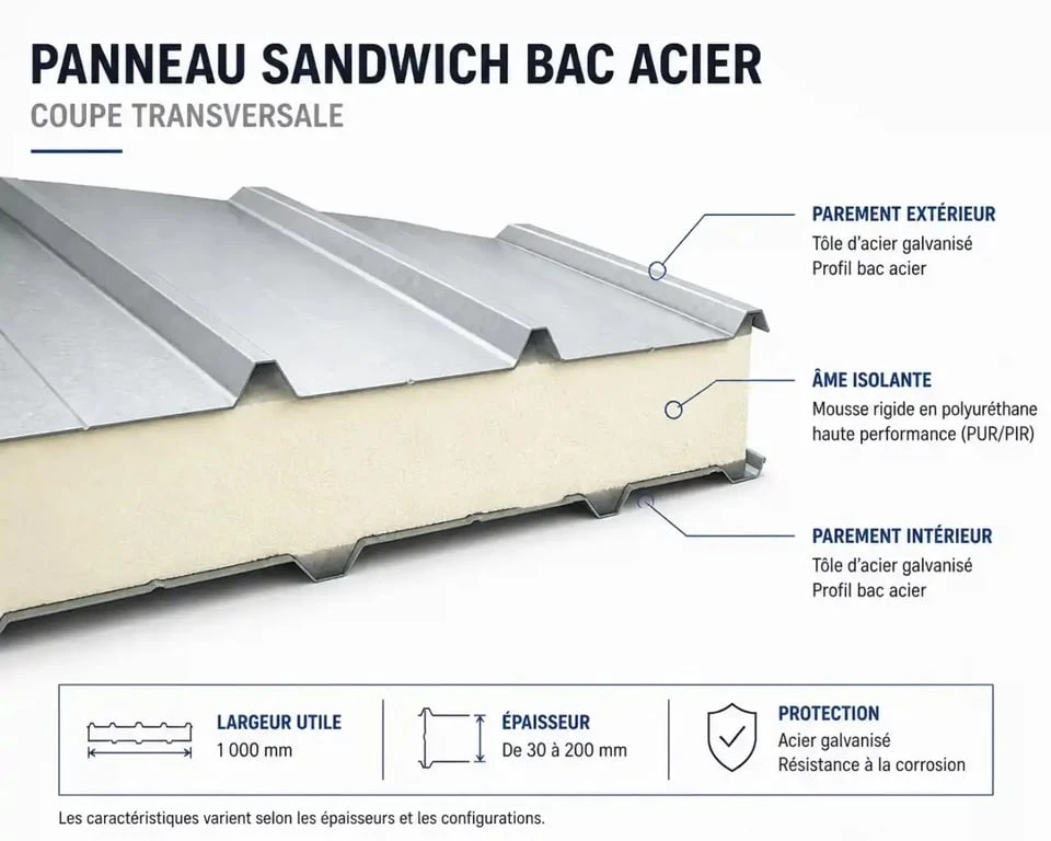 Coupe technique d'un panneau sandwich bac acier isolant