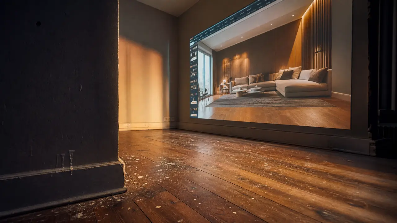 home staging virtuel : salon vide avec rendu photo réaliste canapé et tapis