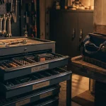 Rangement outil : servante, panneau perforé et accessoires d’atelier