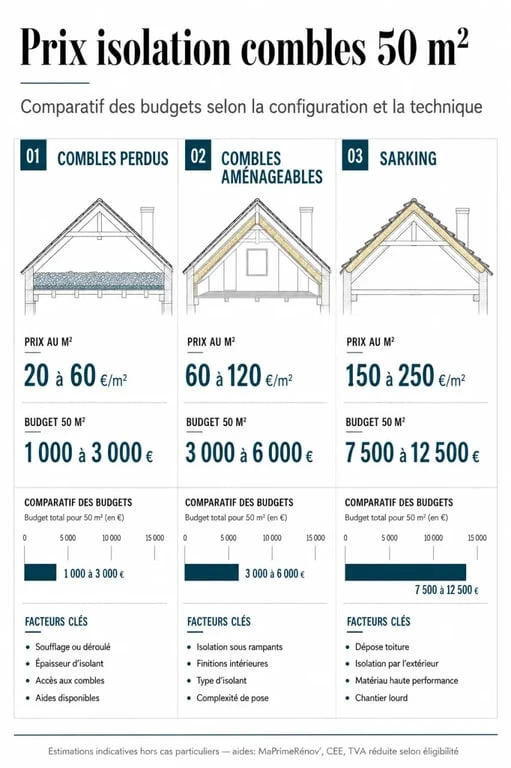 Infographie sur le prix isolation combles 50m2 avec comparatif des budgets selon la technique