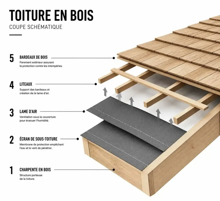 Schéma des couches d'une toiture en bois avec écran de sous-toiture et lame d'air