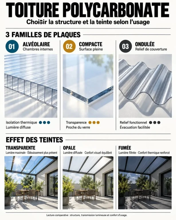 Infographie comparative des types et teintes de toiture polycarbonate