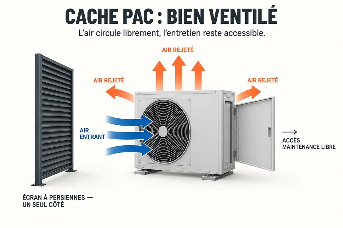 Schéma de circulation de l’air autour d’un cache pompe à chaleur