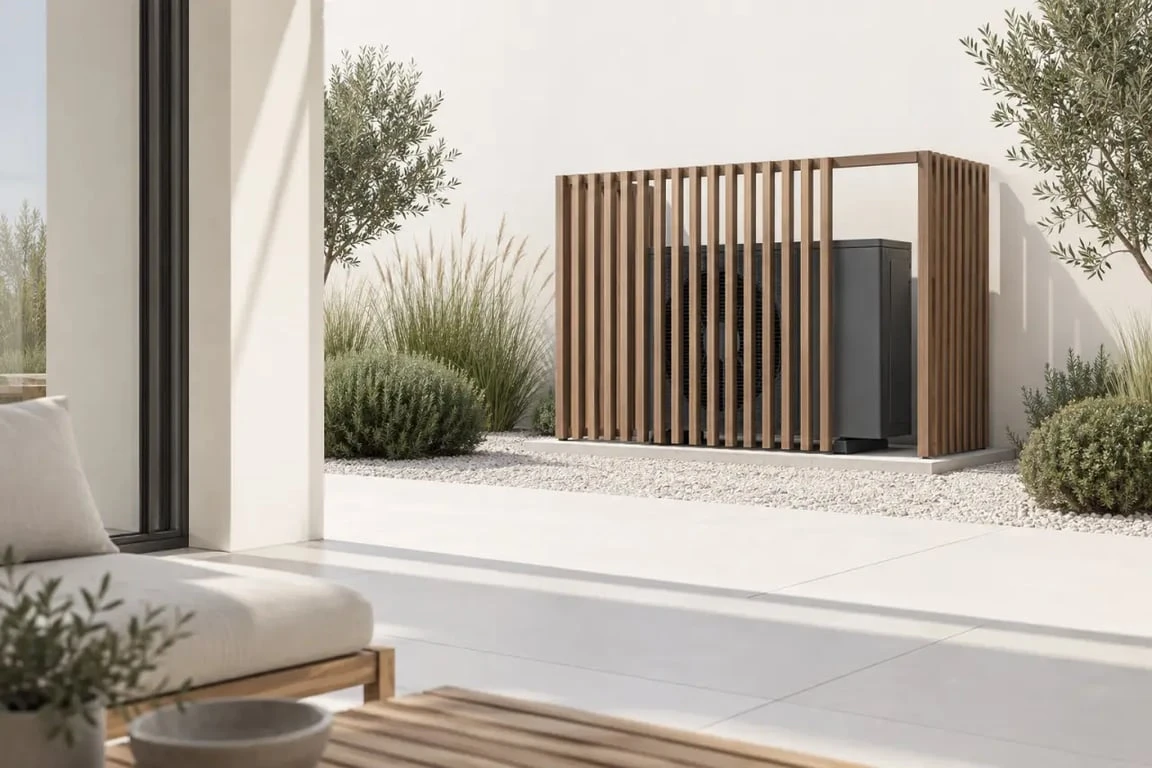 Cache pompe à chaleur ventilé avec lames ajourées dans un jardin