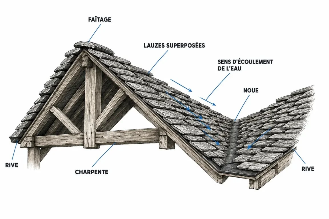 Lauze toiture : coupe simplifiée montrant la pose des pierres