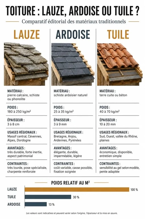 Lauze toiture : comparaison visuelle avec ardoise et tuile