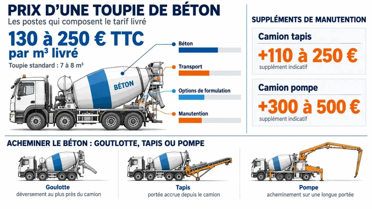 Infographie sur le prix d’une toupie de béton, le coût au m³ et les solutions de livraison
