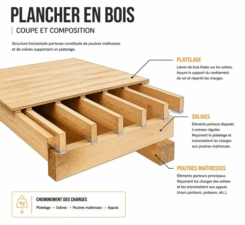 Schéma technique d'un plancher avec solives en bois