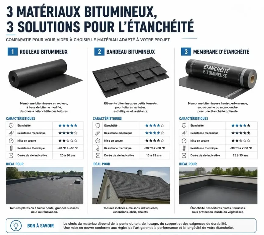 Comparaison des types de goudron pour toiture : rouleau, bardeau et membrane