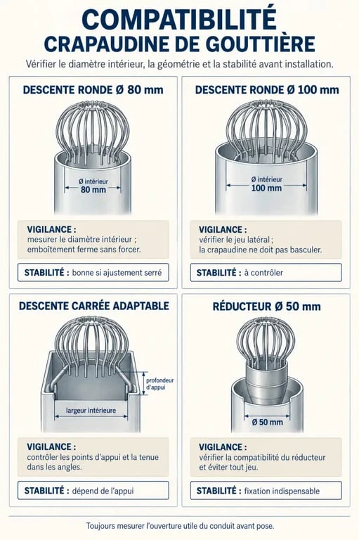 Infographie de compatibilité d’une crapaudine de gouttière selon le diamètre et la forme de la descente