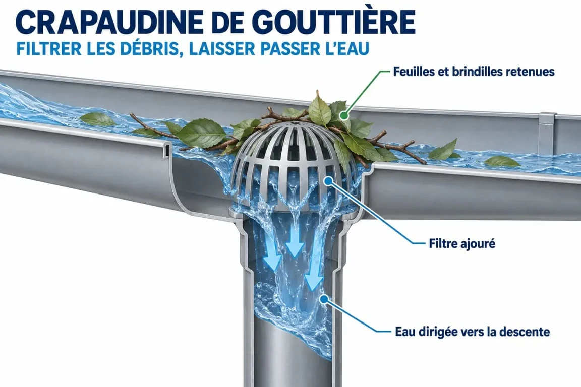 Schéma du fonctionnement d’une crapaudine de gouttière qui retient les feuilles avant la descente