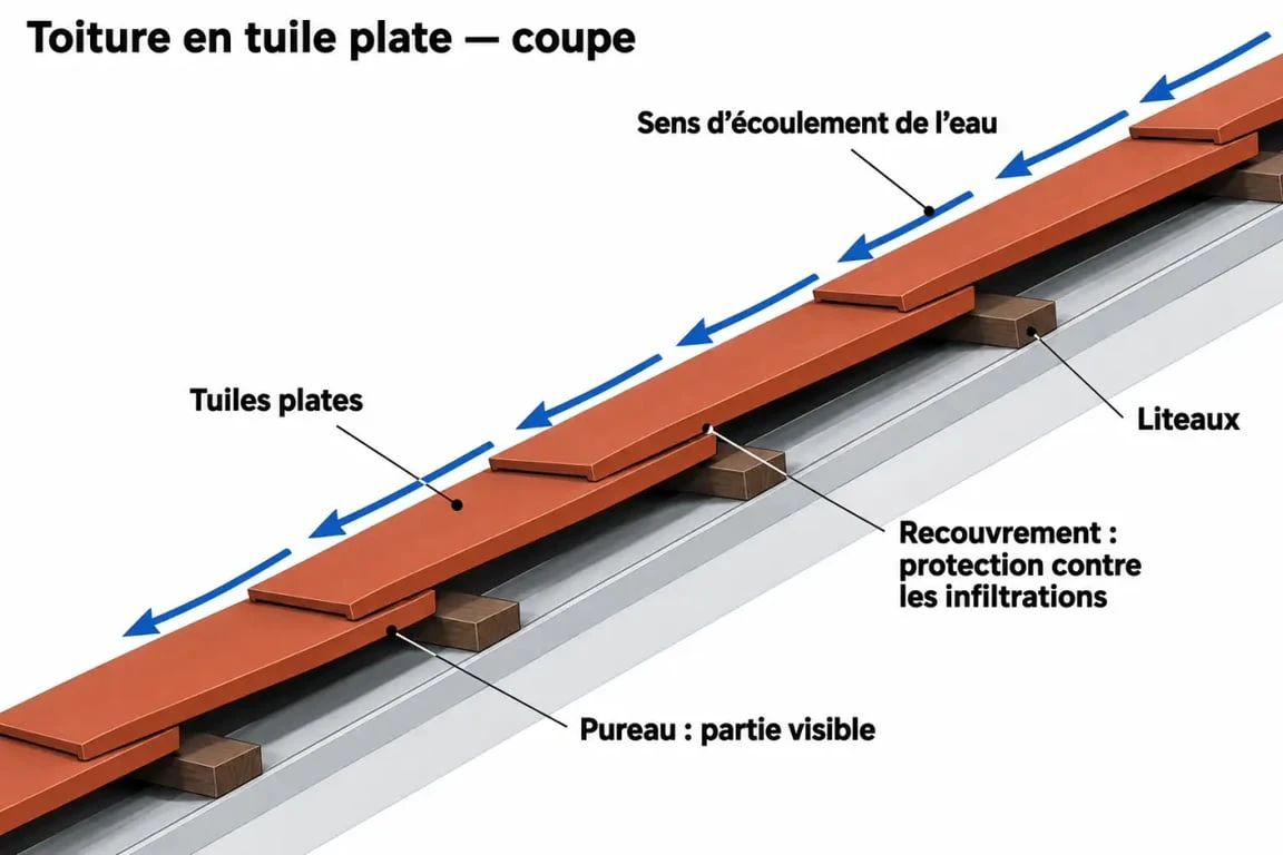 Schéma explicatif d'une toiture en tuile plate avec recouvrement, pureau et liteaux