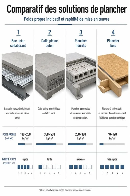 Comparatif des solutions de plancher : bac acier, dalle pleine, hourdis et bois
