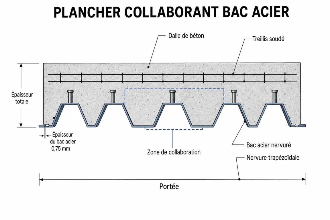Schéma technique d'un plancher collaborant bac acier avec dalle béton et treillis