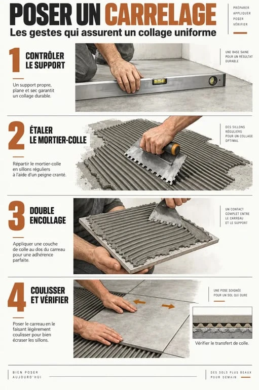 Étapes d'utilisation d'une colle carrelage sol avec peigne et double encollage