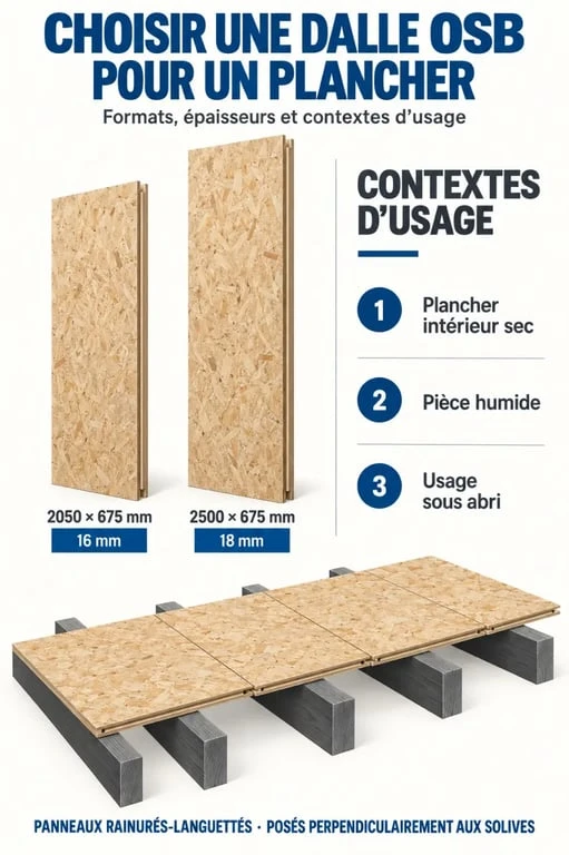 Infographie comparative sur le choix d’une dalle en OSB de 16 ou 18 mm pour un plancher