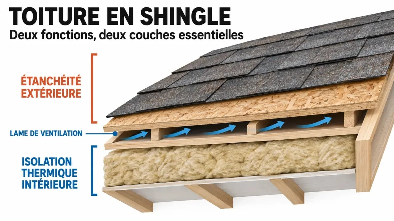 Schéma de composition d’une toiture en shingle avec support OSB, ventilation et isolation