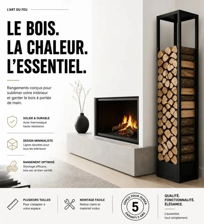 Rangement bois intérieur design près d'une cheminée