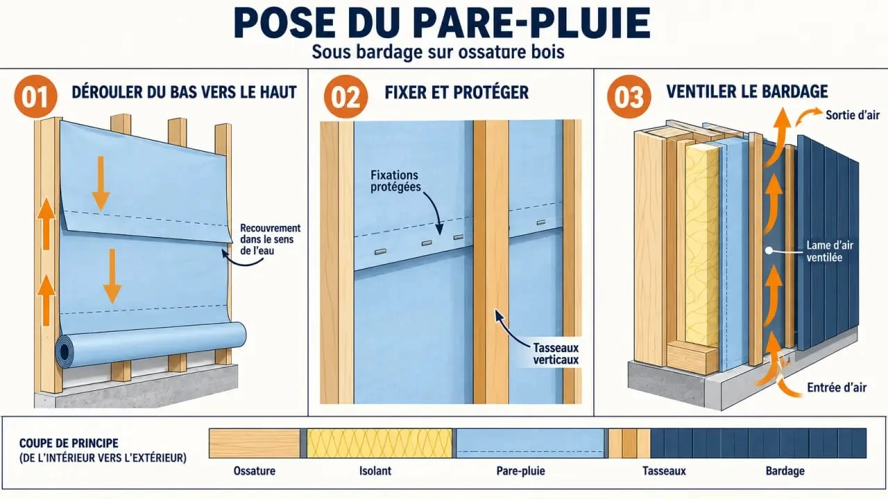 Illustration séquentielle de la pose pare-pluie sous bardage avec recouvrements et lame d’air ventilée