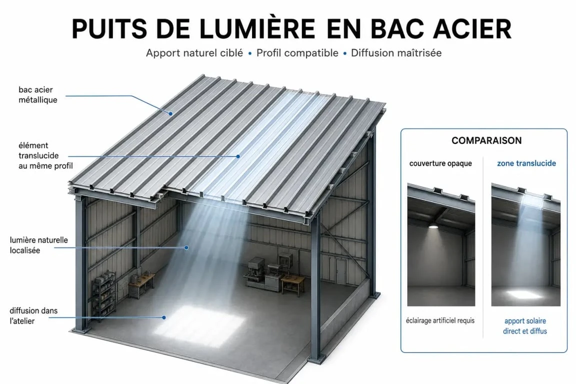 Exemple d'utilisation d'un bac acier transparent pour éclairer un atelier